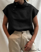 and Cotton Neckline Button Linen Stand Top
