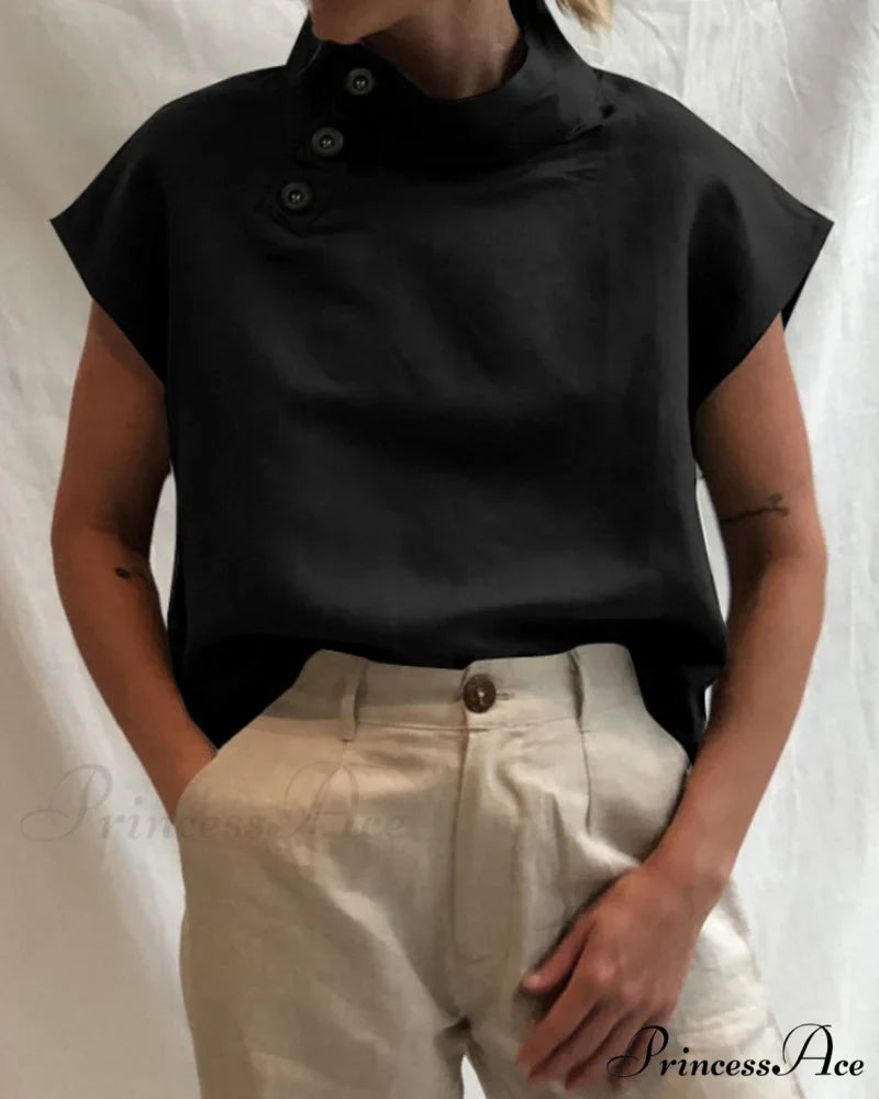 and Cotton Neckline Button Linen Stand Top