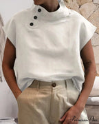 and Cotton Neckline Button Linen Stand Top