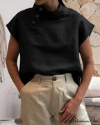 and Cotton Neckline Button Linen Stand Top