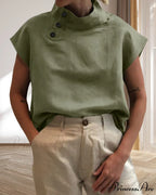 and Cotton Neckline Button Linen Stand Top