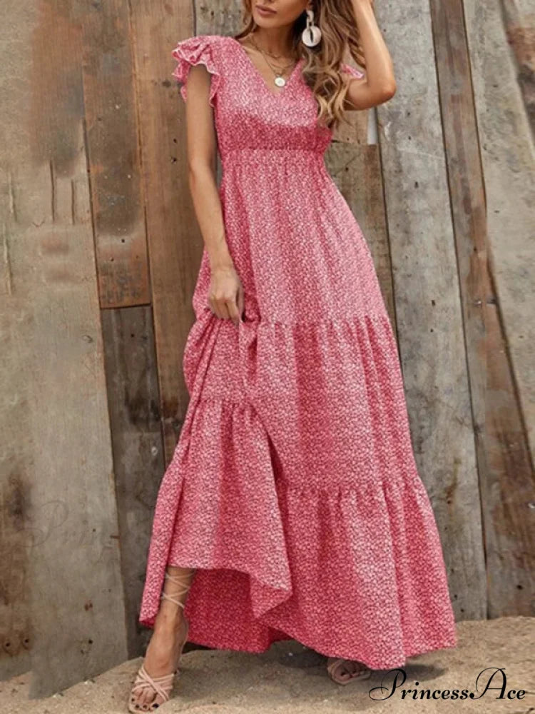 and swing long print skirt women's Spring V-neck large with floral design