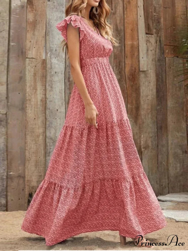 and swing long print skirt women's Spring V-neck large with floral design