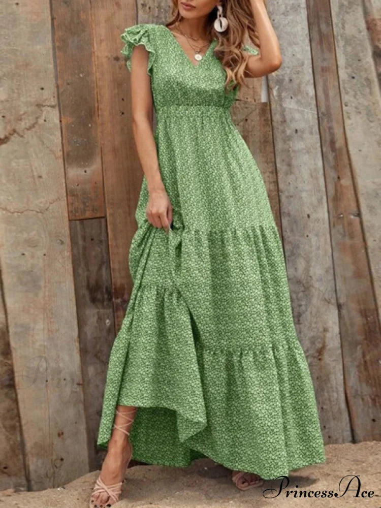 and swing long print skirt women's Spring V-neck large with floral design