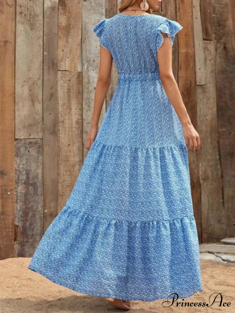 and swing long print skirt women's Spring V-neck large with floral design