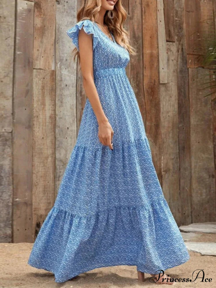 and swing long print skirt women's Spring V-neck large with floral design