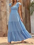 and swing long print skirt women's Spring V-neck large with floral design