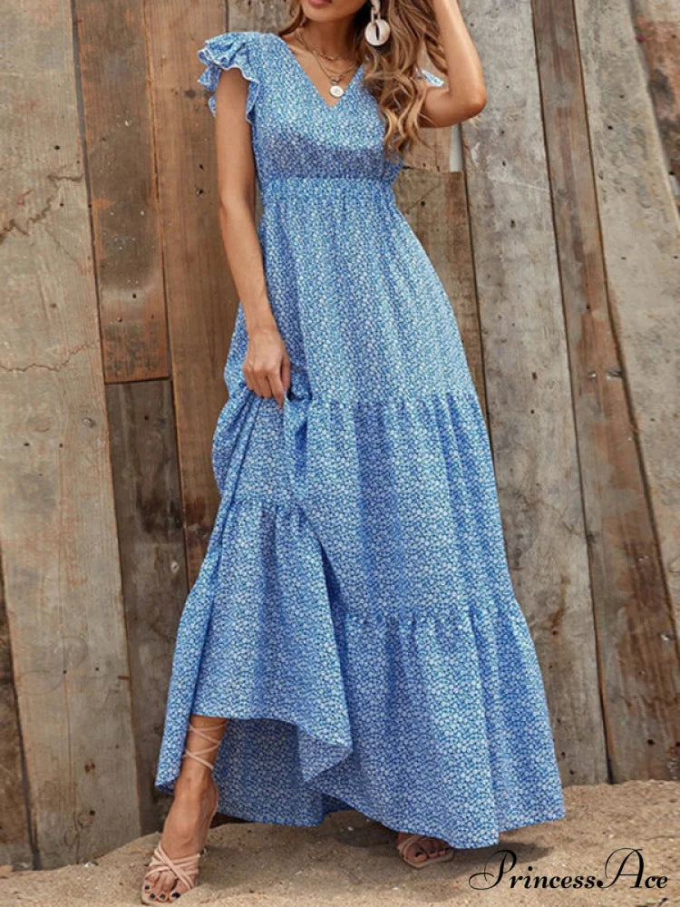 and swing long print skirt women's Spring V-neck large with floral design