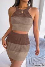 and with Set Skirt Crop Sleeveless Color Top Block Knit Design