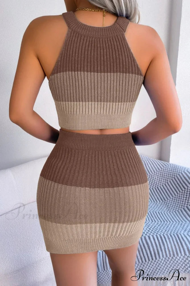 and with Set Skirt Crop Sleeveless Color Top Block Knit Design