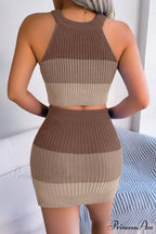 and with Set Skirt Crop Sleeveless Color Top Block Knit Design