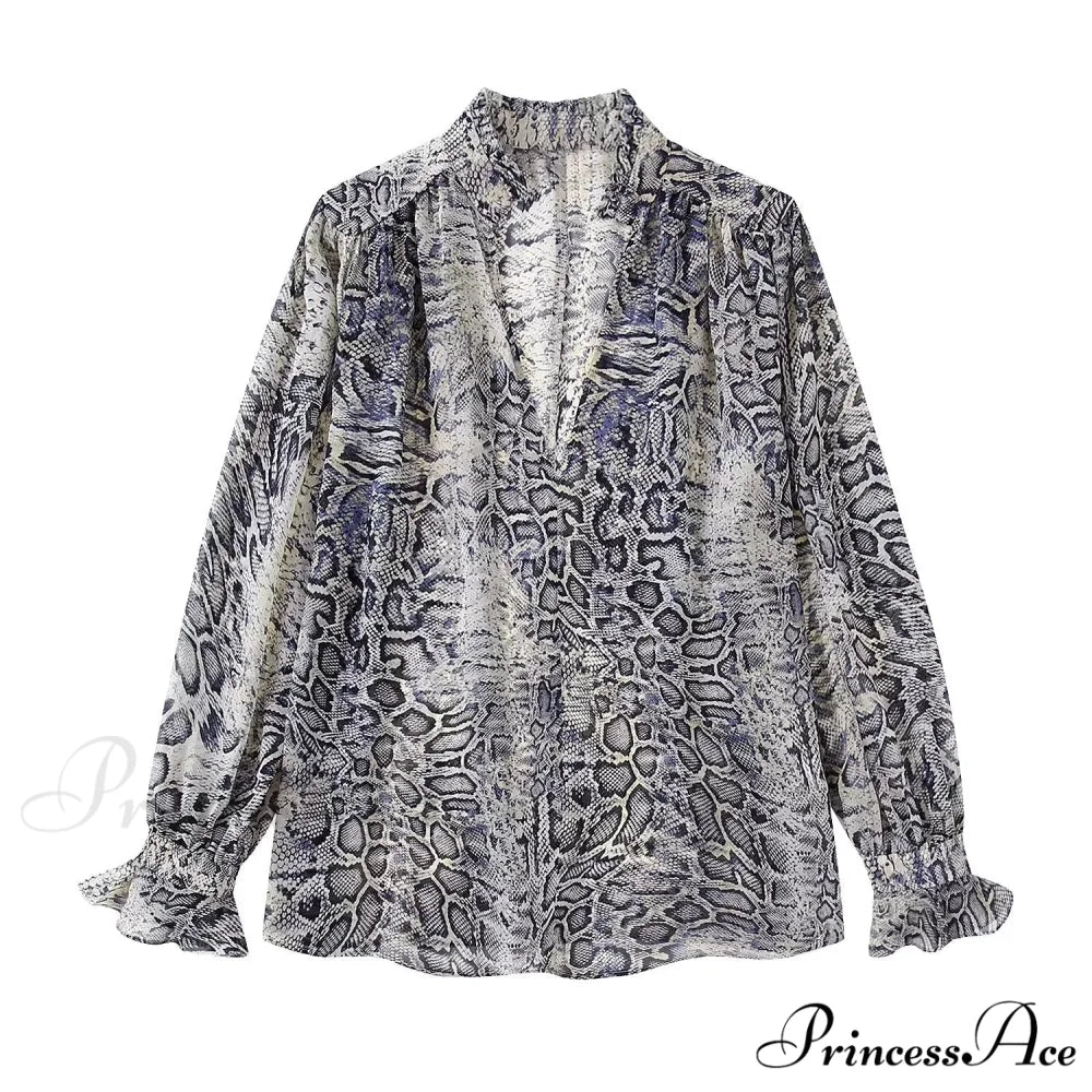 Animal Printed Long Sleeve V-Neck Blouse