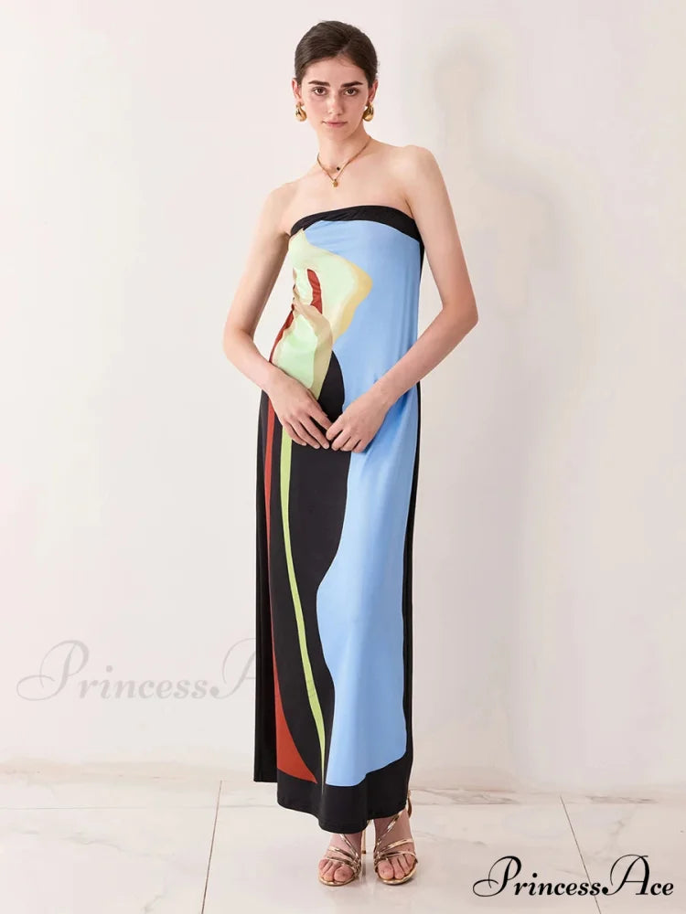 Antique Abstract Flower Strapless Open-Back Loose Tube Top Flower Dress