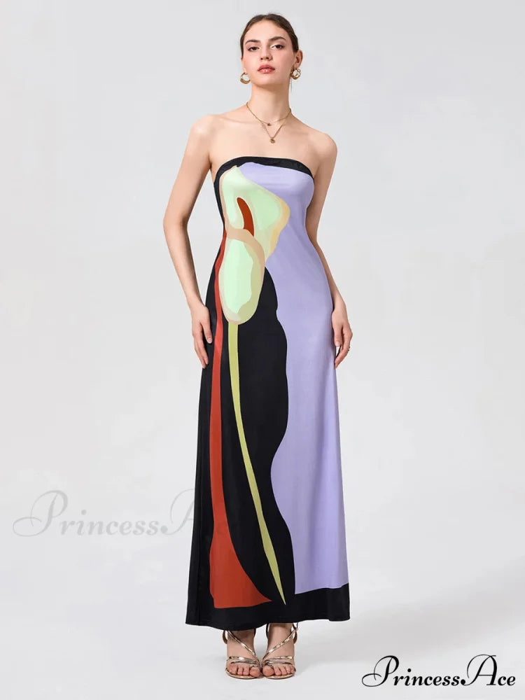 Antique Abstract Flower Strapless Open-Back Loose Tube Top Flower Dress