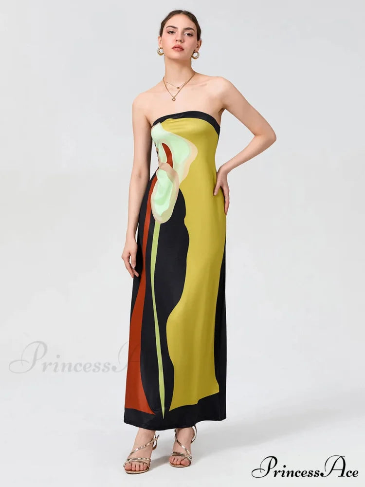 Antique Abstract Flower Strapless Open-Back Loose Tube Top Flower Dress