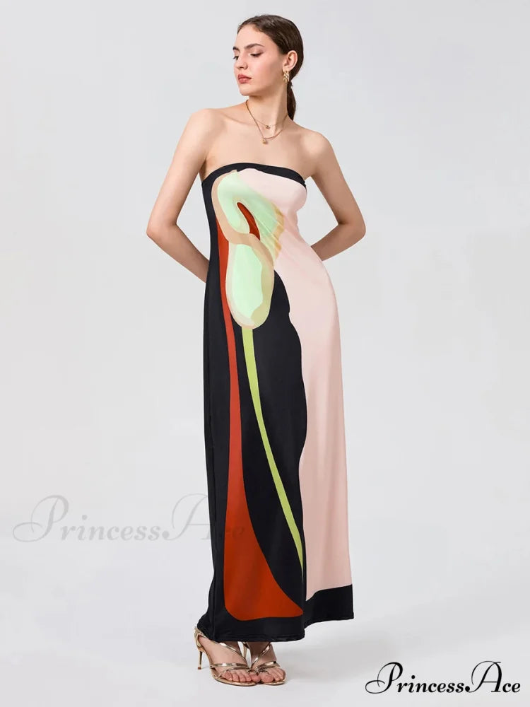 Antique Abstract Flower Strapless Open-Back Loose Tube Top Flower Dress