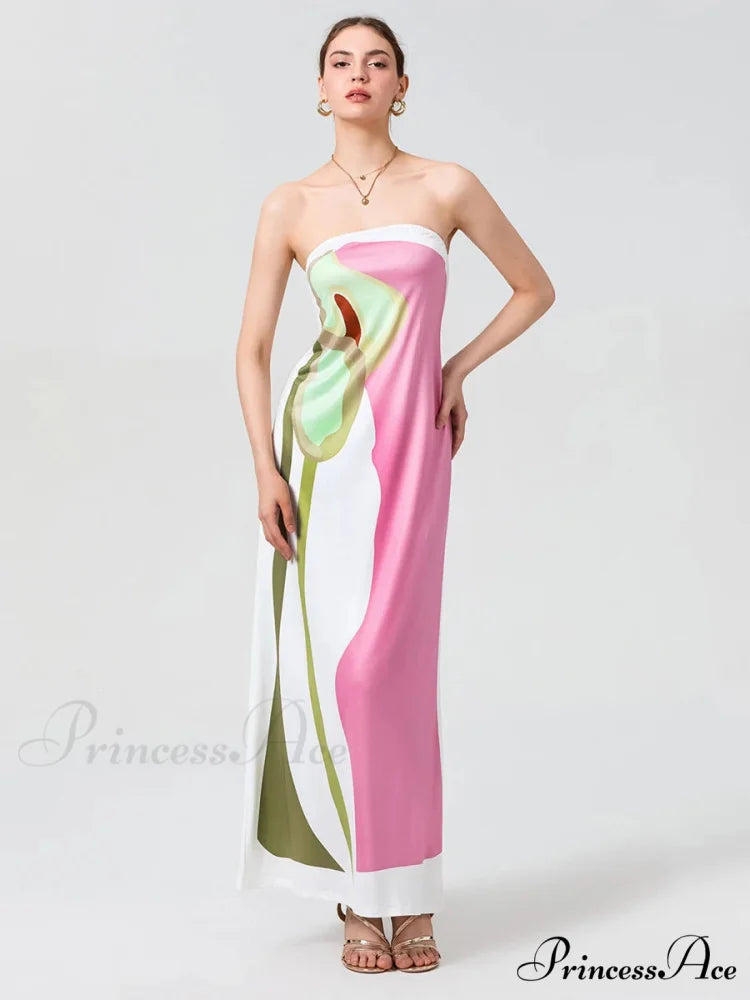 Antique Abstract Flower Strapless Open-Back Loose Tube Top Flower Dress