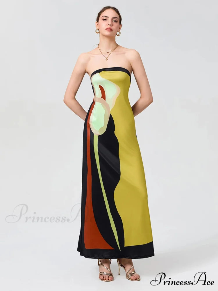 Antique Abstract Flower Strapless Open-Back Loose Tube Top Flower Dress