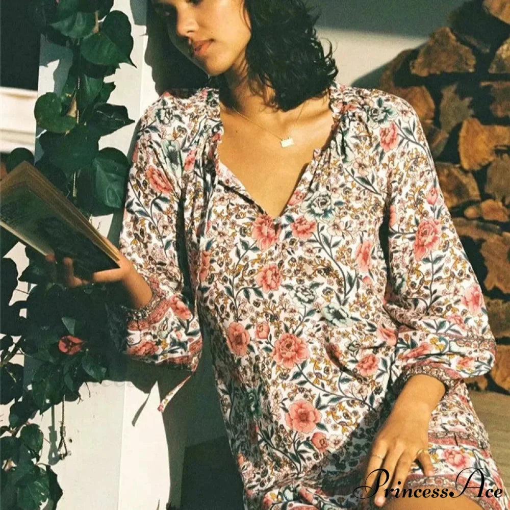 Antique Flower Pattern Extended Sleeve Frills Fringe Rayon Mini Bohemian Dress