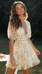 Antique Flower Pattern Long Sleeve Cutout Seductive V-neck Mini Boho Dress