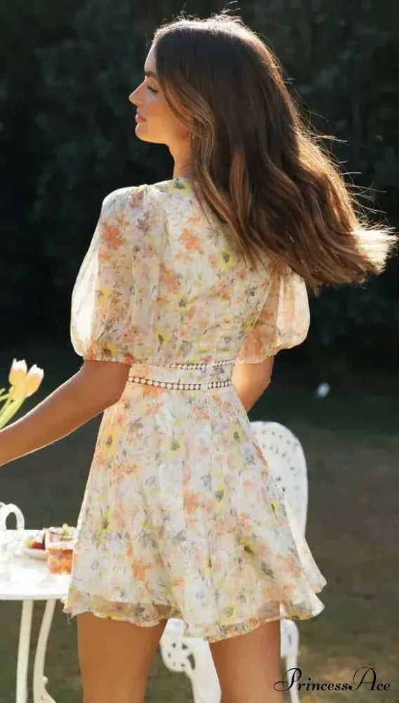 Antique Flower Pattern Long Sleeve Cutout Seductive V-neck Mini Boho Dress