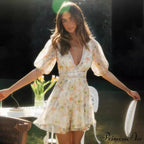Antique Flower Pattern Long Sleeve Cutout Seductive V-neck Mini Boho Dress