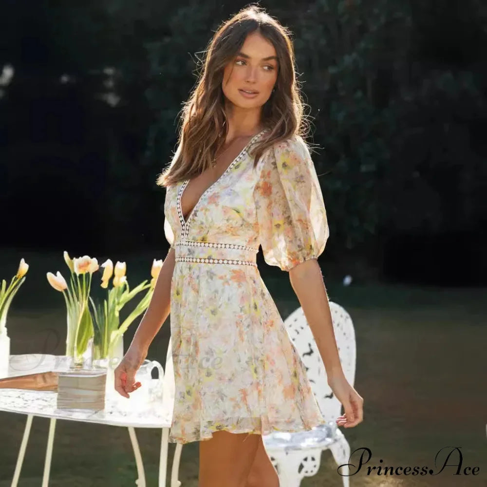 Antique Flower Pattern Long Sleeve Cutout Seductive V-neck Mini Boho Dress