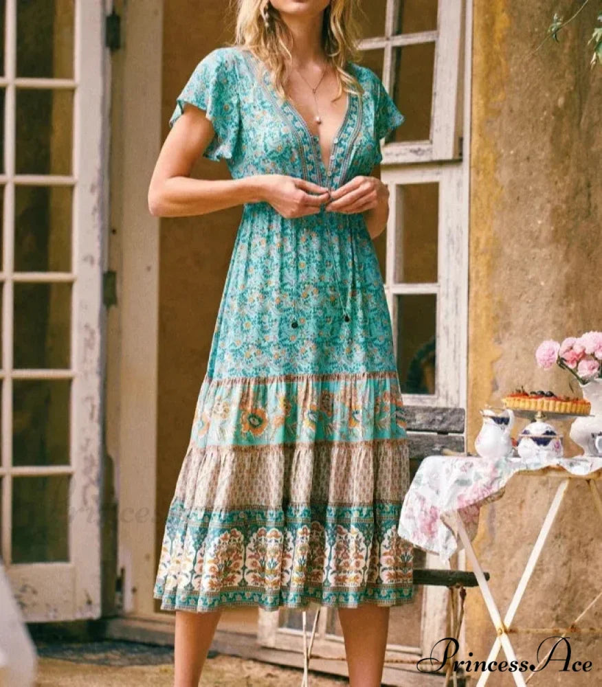 Antique Flower Pattern Sashes Crisscross Neckline Long Bohemian Dress