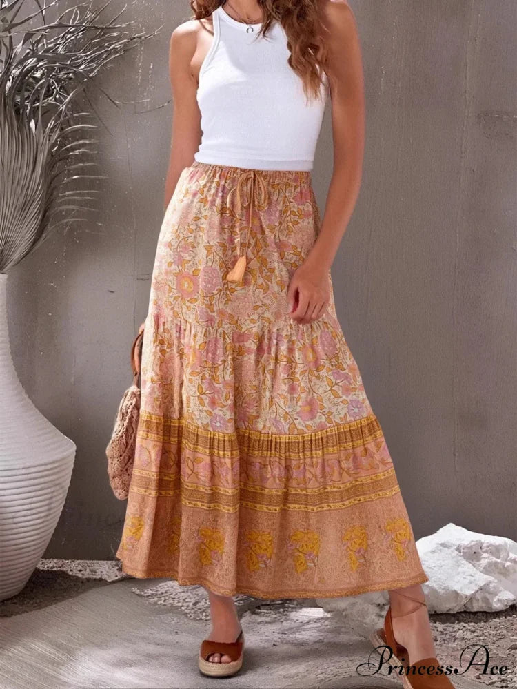 Antique Flower Peacock Printed High Rise Beach Boho Skirt