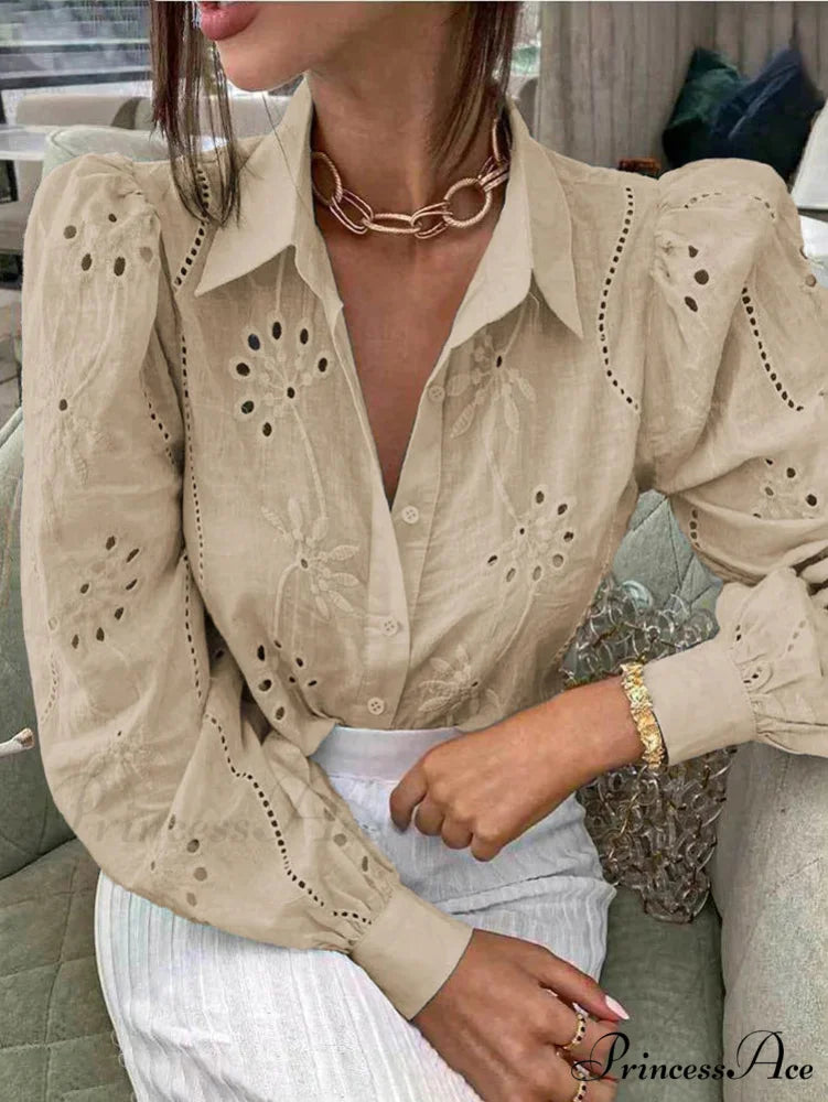 Antique Flower Stitching Hollow Out Puff Sleeve Boho Top