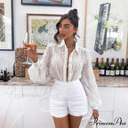 Antique Flower Stitching Hollow Out Puff Sleeve Boho Top