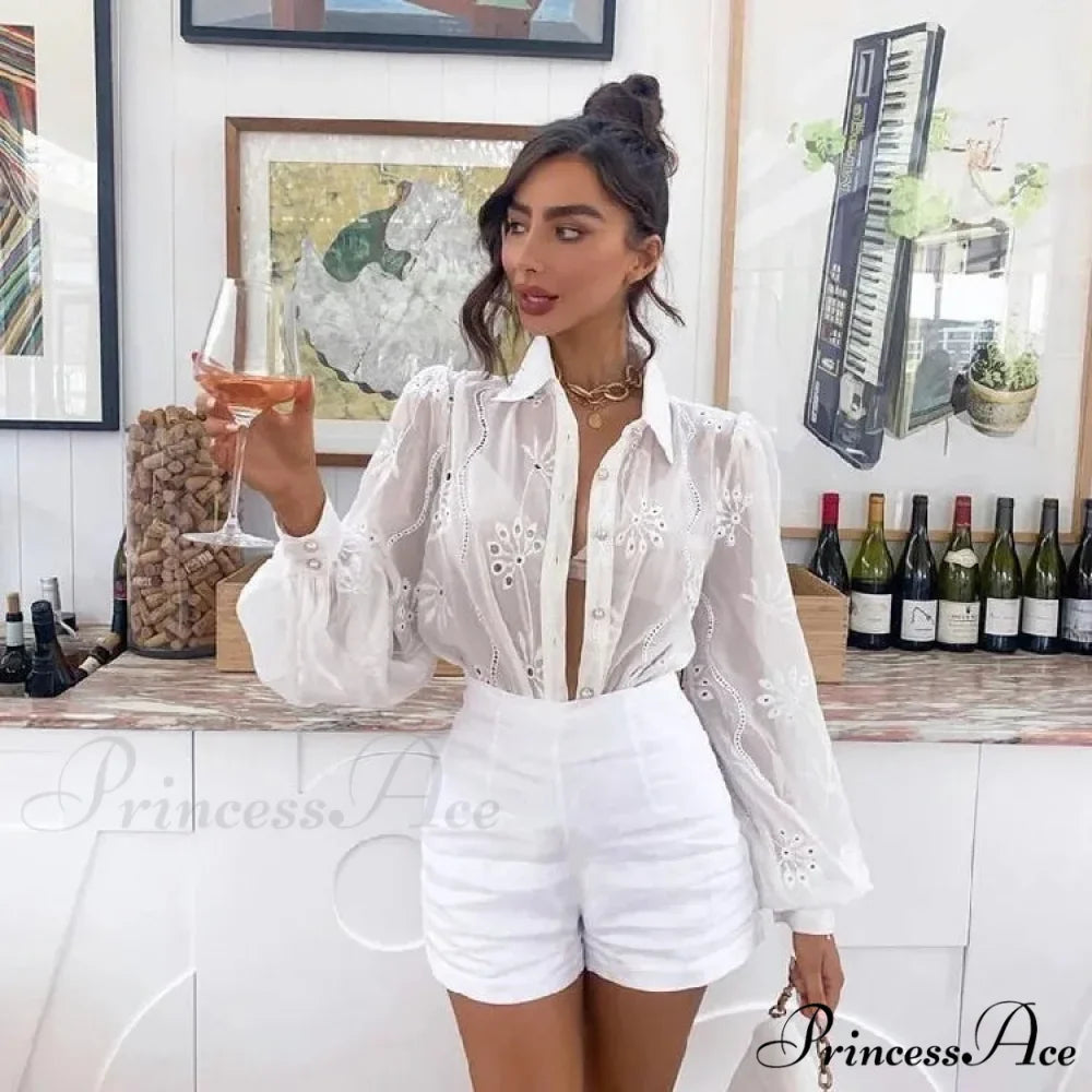 Antique Flower Stitching Hollow Out Puff Sleeve Boho Top