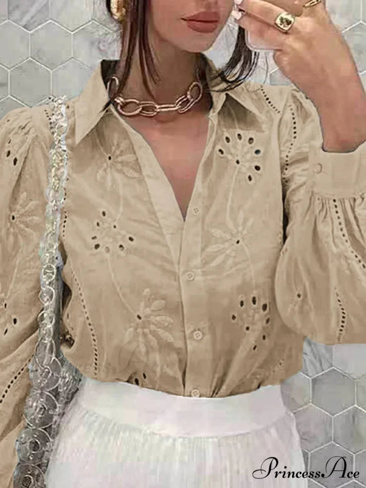 Antique Flower Stitching Hollow Out Puff Sleeve Boho Top