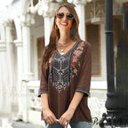 Antique Flowery Stitching Baggy Cotton Extended Sleeve Boho Blouse