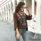 Antique Flowery Stitching Baggy Cotton Extended Sleeve Boho Blouse