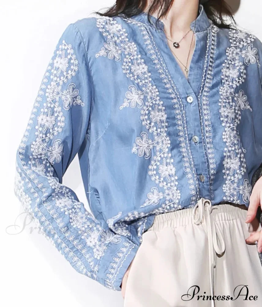 Antique Flowery Stitching Cotton Denim Extended Sleeve Boho Blouse