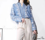Antique Flowery Stitching Cotton Denim Extended Sleeve Boho Blouse