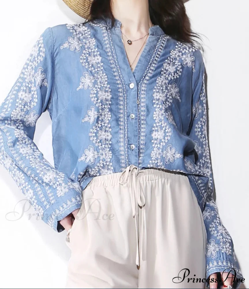Antique Flowery Stitching Cotton Denim Extended Sleeve Boho Blouse