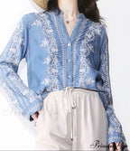 Antique Flowery Stitching Cotton Denim Extended Sleeve Boho Blouse