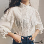 Antique Flowery Stitching Cotton Linen Lantern Sleeve Boho Top