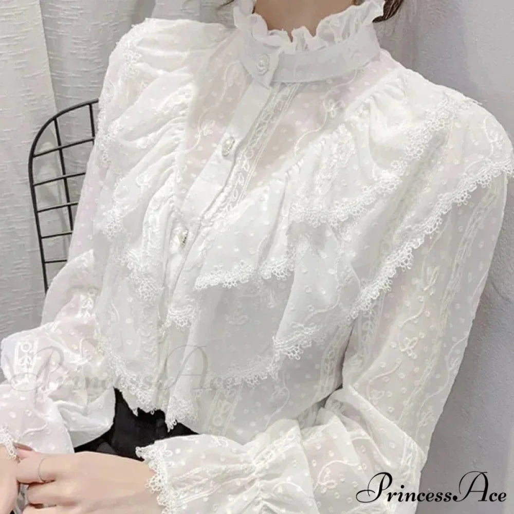 Antique Frilled Lace Ivory Top Extended Sleeve Informal Blouse