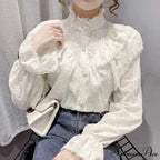 Antique Frilled Lace Ivory Top Extended Sleeve Informal Blouse