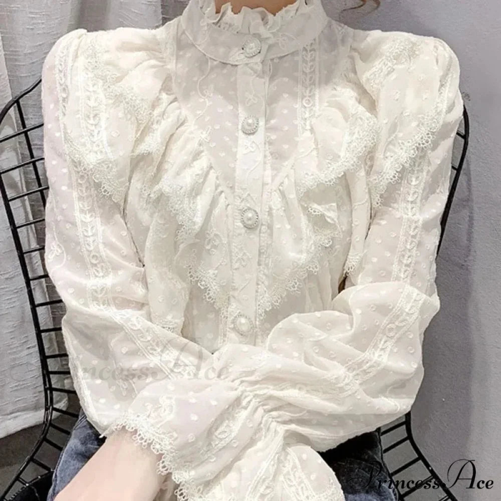 Antique Frilled Lace Ivory Top Extended Sleeve Informal Blouse