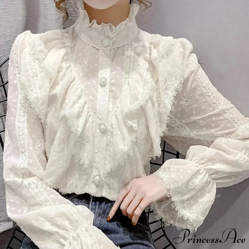 Antique Frilled Lace Ivory Top Extended Sleeve Informal Blouse