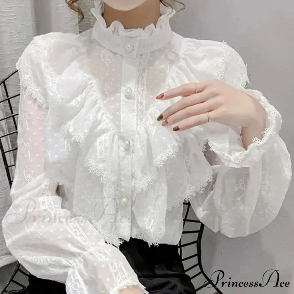 Antique Frilled Lace Ivory Top Extended Sleeve Informal Blouse