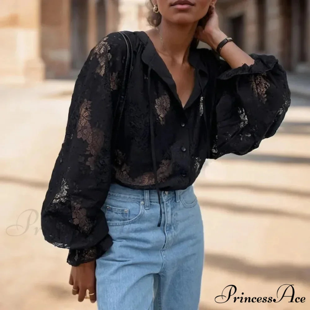 Antique Hook Hollow Blossom Lace Lantern Sleeve Blouse