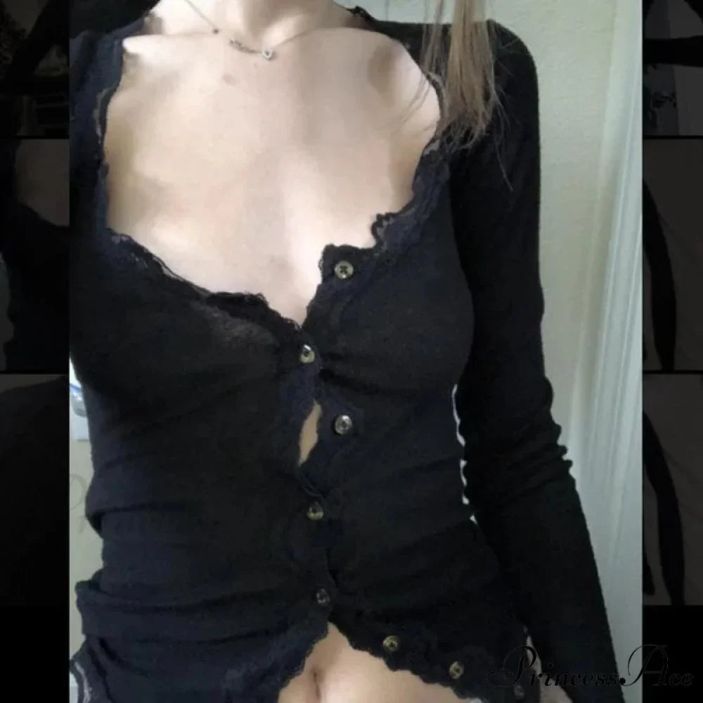 Antique Lace Edging Button Down Fitted Knit Top