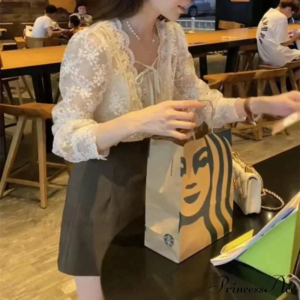 Antique Lace Puff Extended Sleeve Crochet Blouse