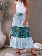 Antique Rose Floral Frills Seaside Bohemian A-Line Maxi Skirt