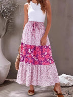 Antique Rose Floral Frills Seaside Bohemian A-Line Maxi Skirt